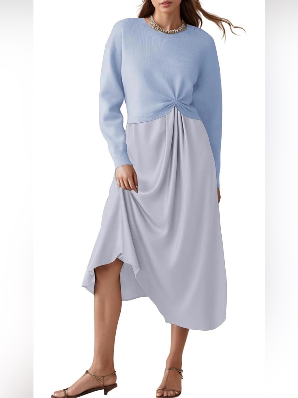 Wedding guest dress Blue/Gray Solid Sweater Dress Midi Long Sleeve Round Neck XL